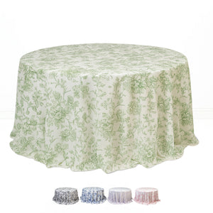 Polyester Round Tablecloth 132" White with French Toile Pattern - By TCF Linens