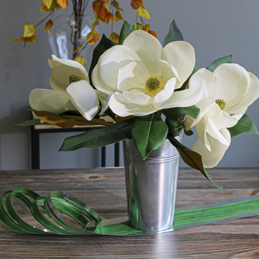 Variegated Aspidistra Leaf Ribbon 4in x 50yds Green & Silver