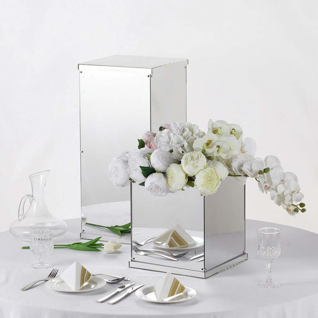 12" Silver Mirrored Acrylic Display Box – Pedestal Riser with Interchangeable Lid and Base - By TCF Linens