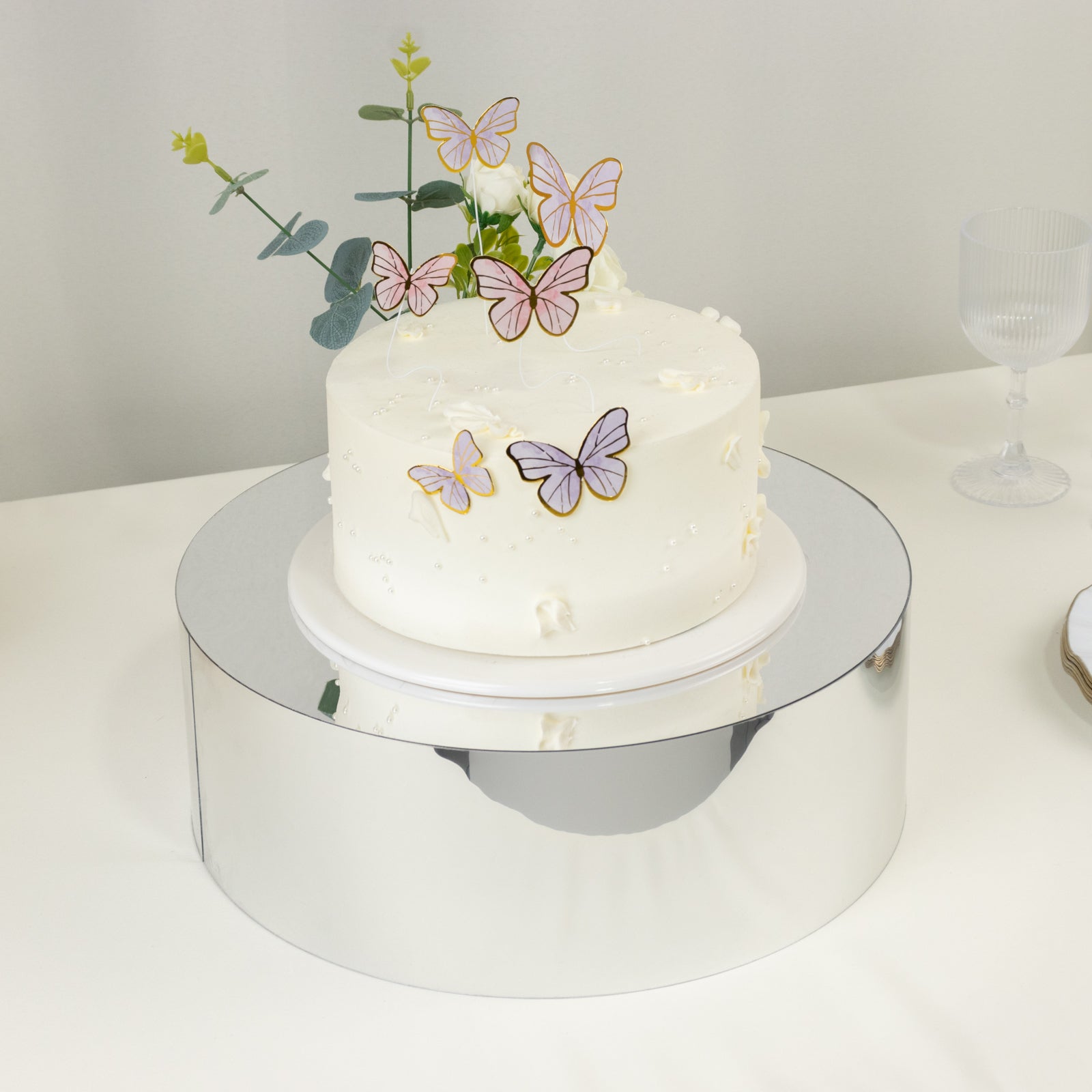 Silver Mirror Finish Acrylic Cake Stand 14" Round – Fillable Display Box Pedestal Riser with Hollow Bottom - By TCF Linens