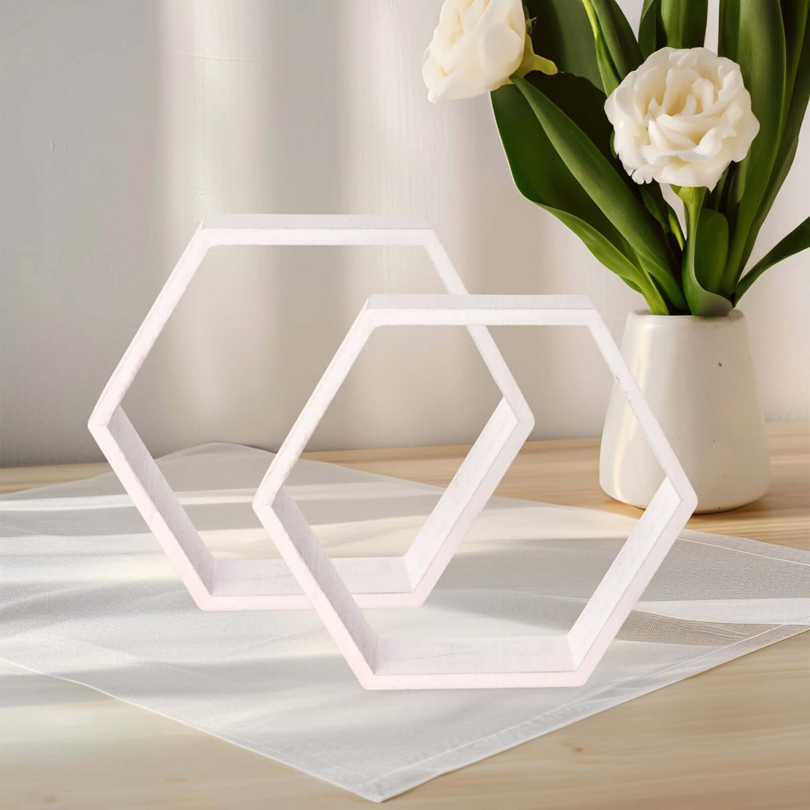 Whitewashed Wood Hexagon Display 9" – Set of 2 Geometric Terrarium Honeycomb Centerpieces - By TCF Linens