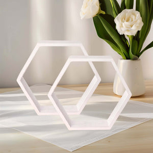 Whitewashed Wood Hexagon Display 9" – Set of 2 Geometric Terrarium Honeycomb Centerpieces - By TCF Linen