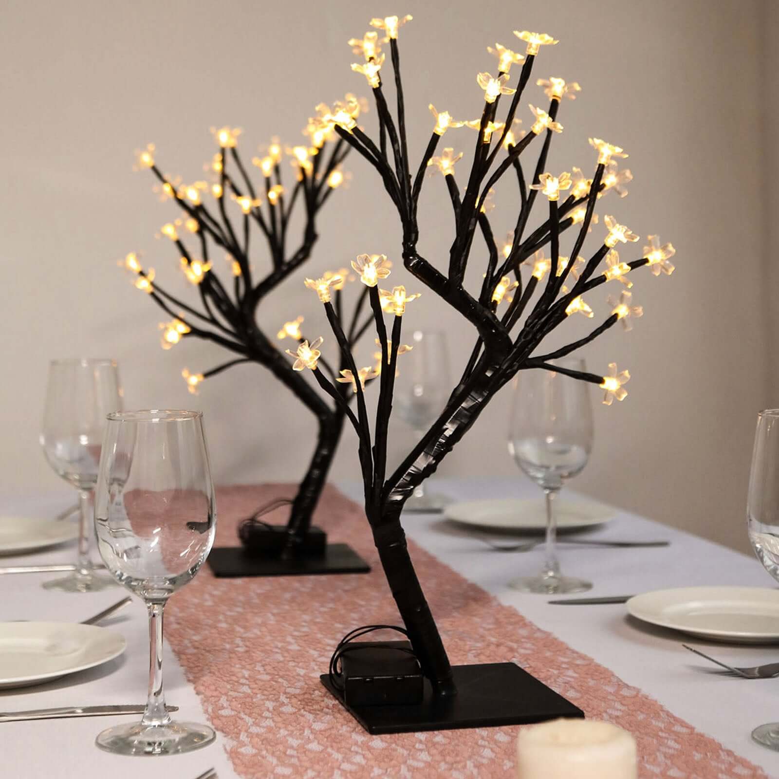 Set of 2 Black Artificial Tree Centerpieces – Cherry Blossom Design with 36 Warm White LED Battery Lights - By TCF Linens