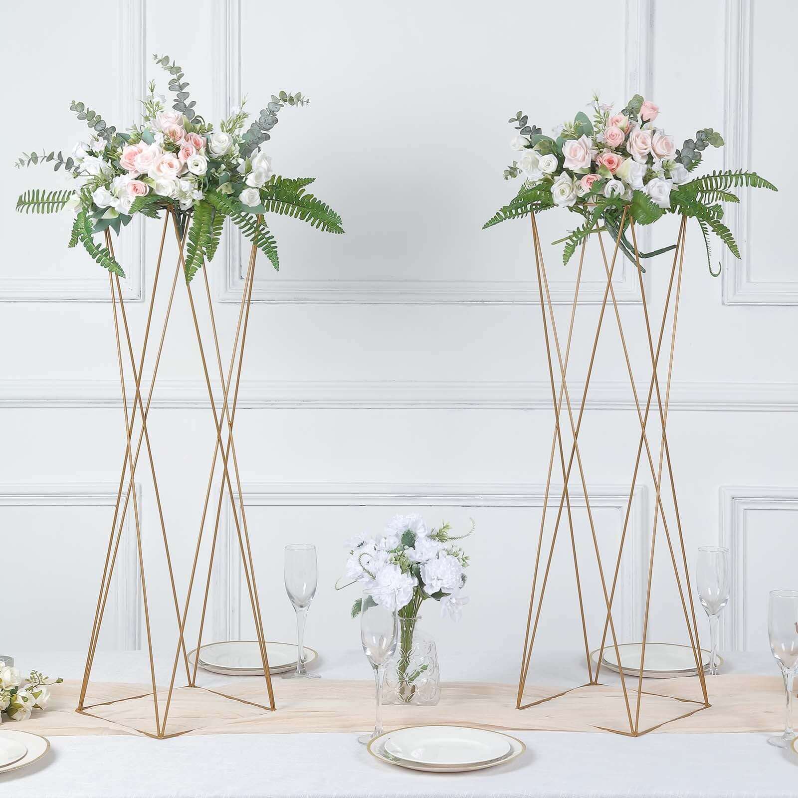 Set of 2 Gold Metal Pedestal Stands – 32" Open Column Wedding Centerpieces with Geometric Crisscross Design - By TCF Linens