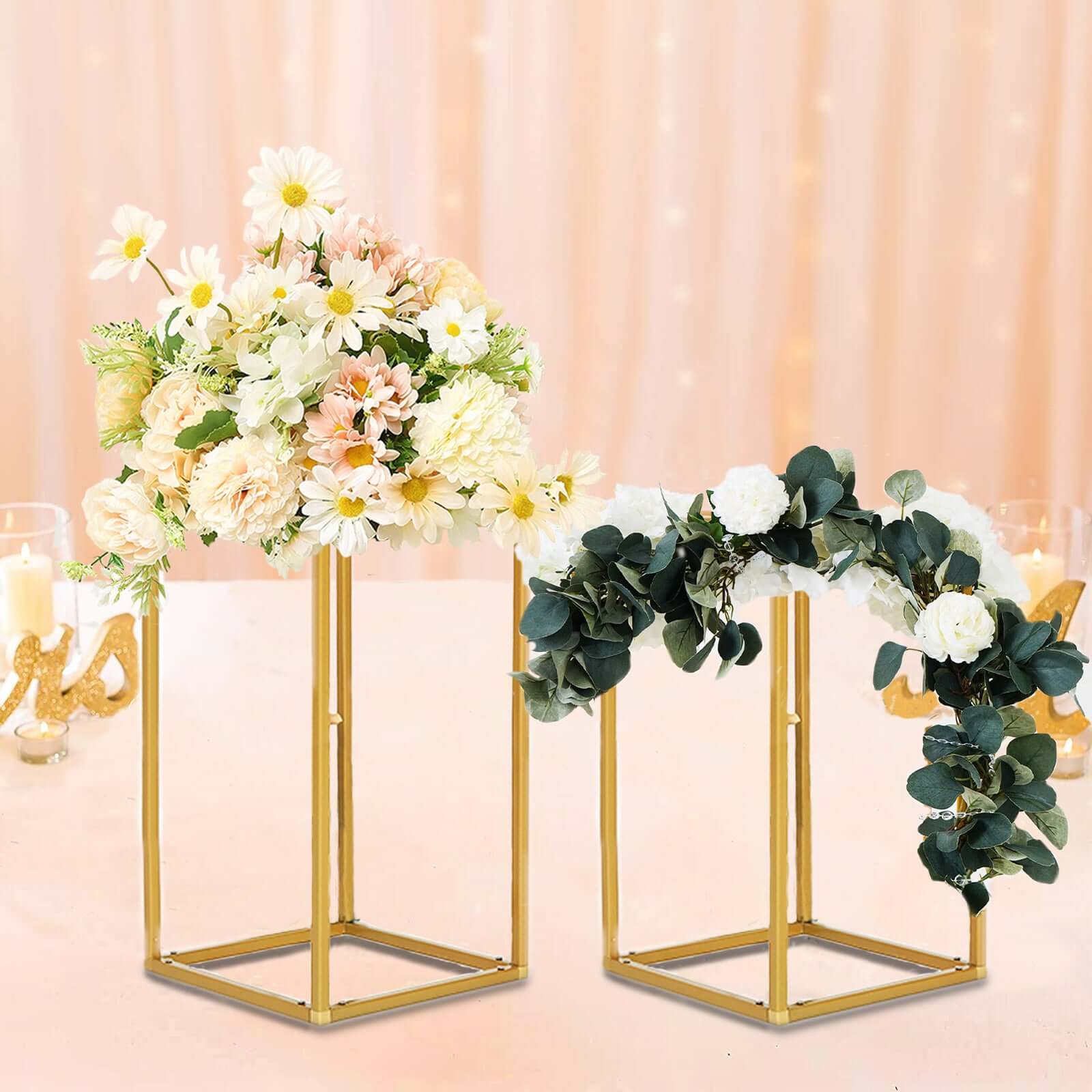 12" Gold Rectangular Metal Flower Stands – 2-Pack Geometric Column Frames for Wedding Arrangements - By TCF Linens