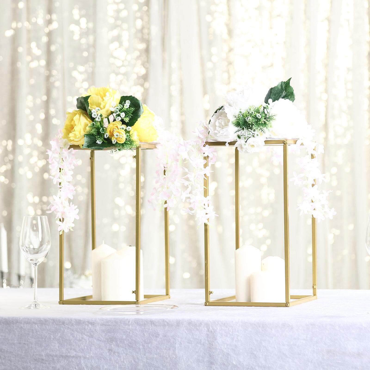 16" Gold Rectangular Metal Flower Stands – 2-Pack Geometric Column Frames for Wedding Arrangements - By TCF Linen
