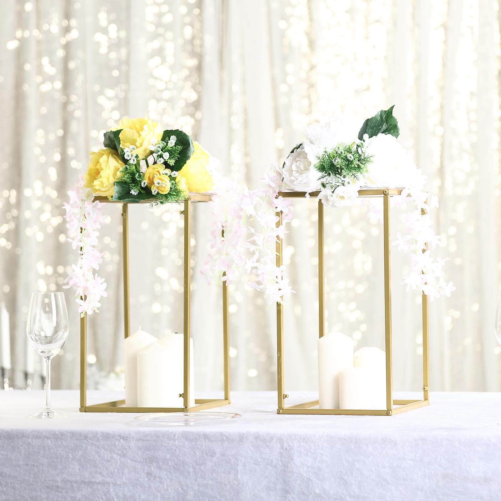 16" Gold Rectangular Metal Flower Stands – 2-Pack Geometric Column Frames for Wedding Arrangements - By TCF Linens