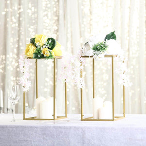16" Gold Rectangular Metal Flower Stands – 2-Pack Geometric Column Frames for Wedding Arrangements - By TCF Linen