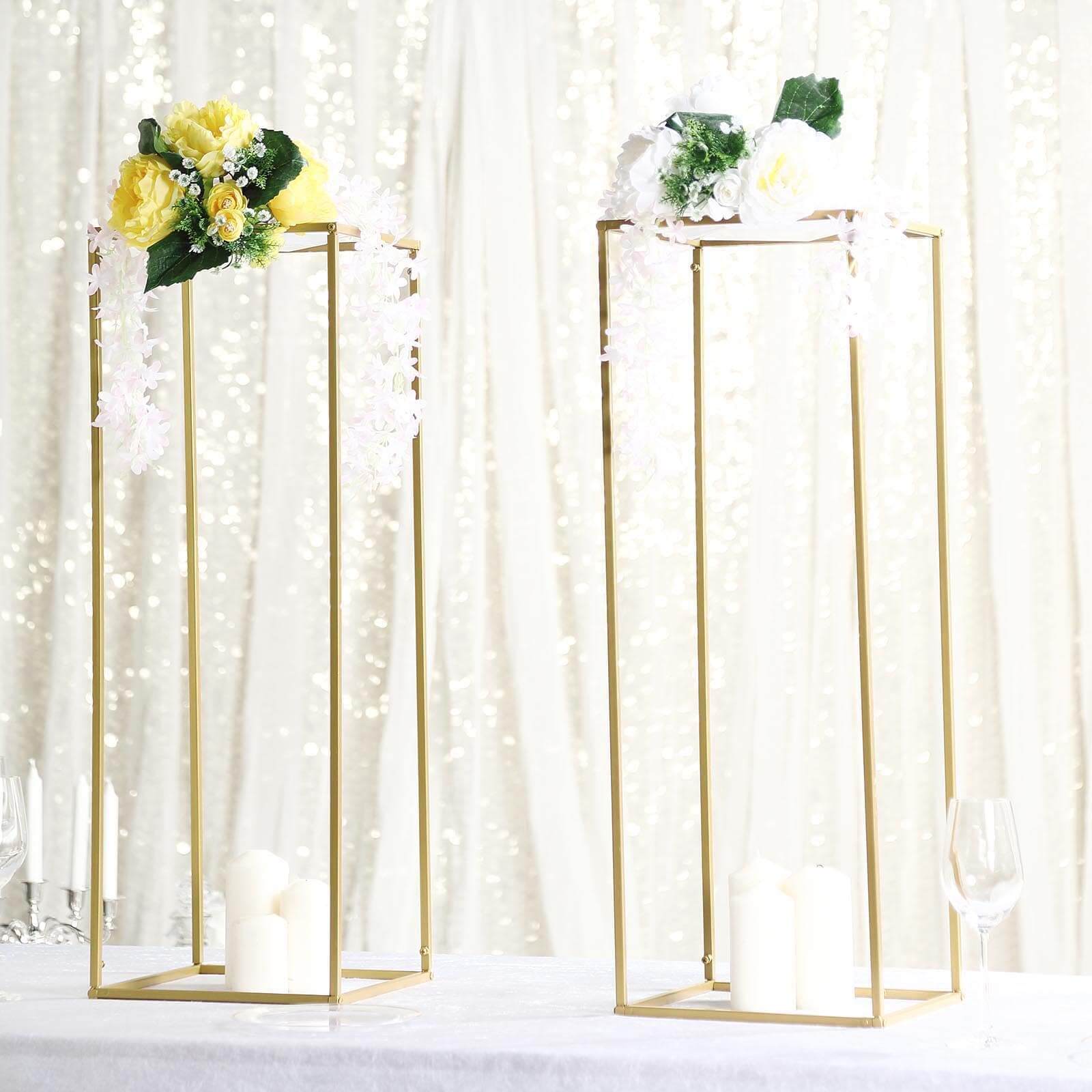 32" Gold Rectangular Metal Flower Stands – 2-Pack Geometric Column Frames for Stylish Flower Displays - By TCF Linens
