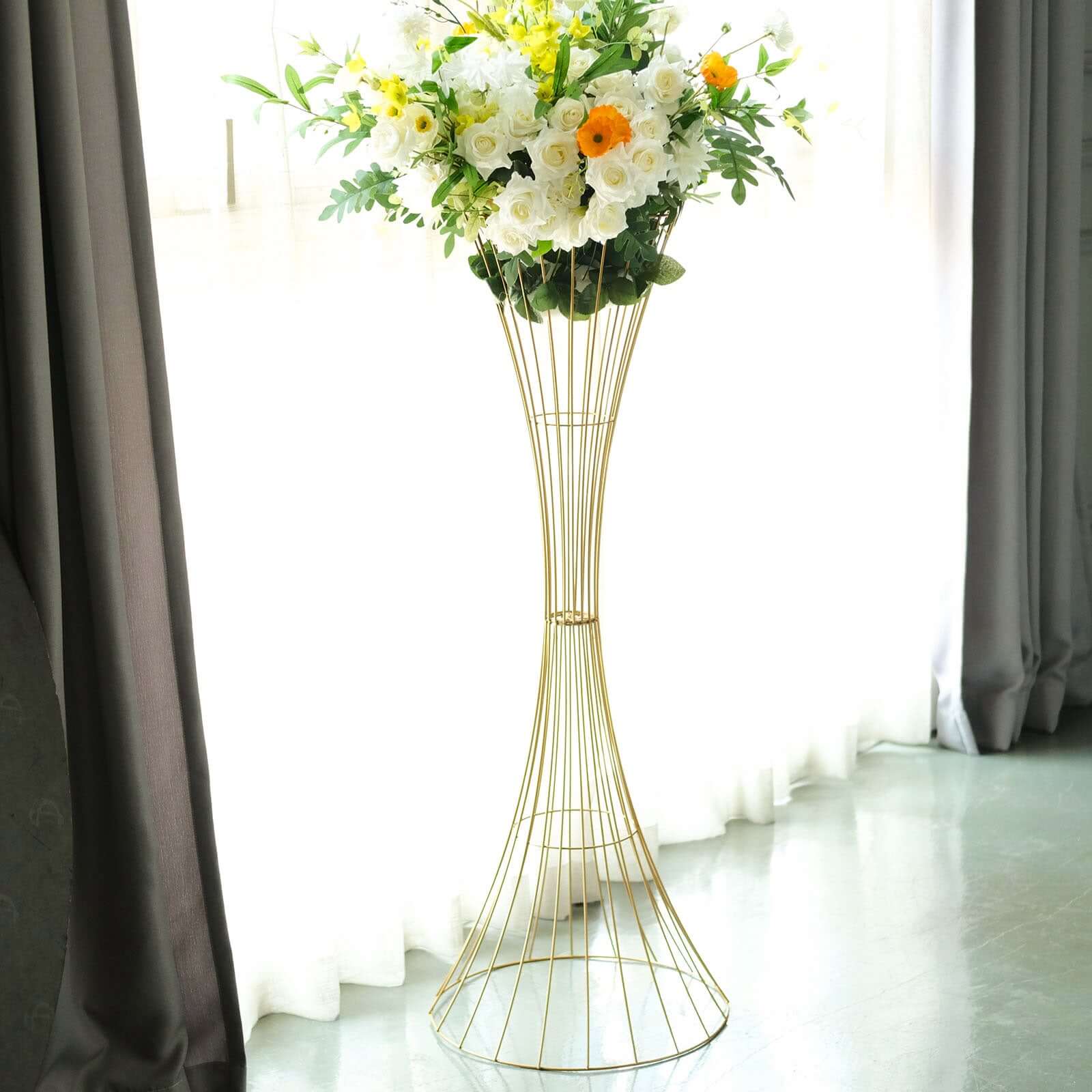 48" Tall Gold Metal Wire Trumpet Flower Centerpiece Stand – Reversible Hourglass Pedestal Prop - By TCF Linens