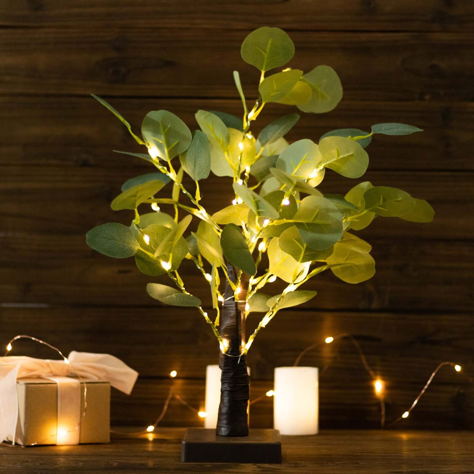 Artificial Eucalyptus Lighted Tree 17" Green – 50 Warm White LED Battery Operated Tabletop Fairy Lights - By TCF Linens
