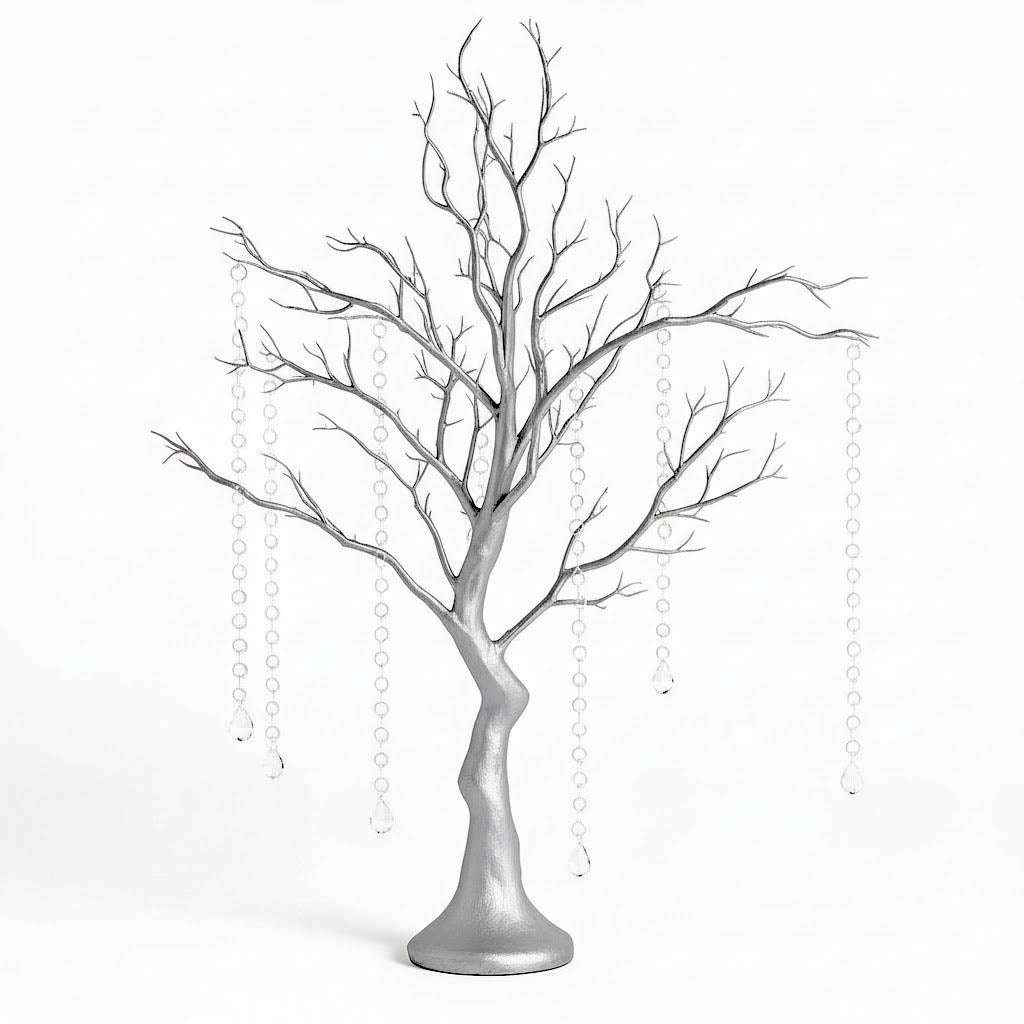 34" Artificial Metallic Silver Manzanita Tree Centerpiece – Easy Assembly with 8 Acrylic Bead Chains - By TCF Linens