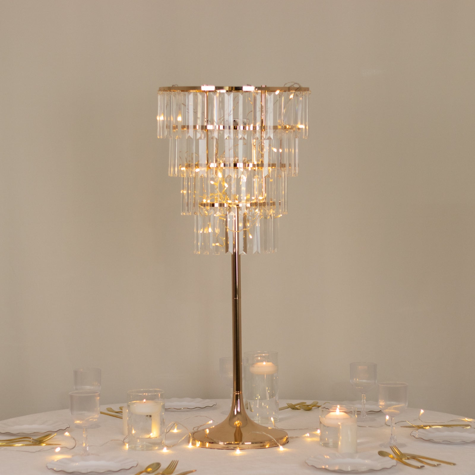 4-Tier Gold Crystal Pendant Table Centerpiece Chandelier 38" – Round Metal Vase Pedestal with Hanging Crystals - By TCF Linens