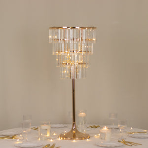 4-Tier Gold Crystal Pendant Table Centerpiece Chandelier 38" – Round Metal Vase Pedestal with Hanging Crystals - By TCF Linen