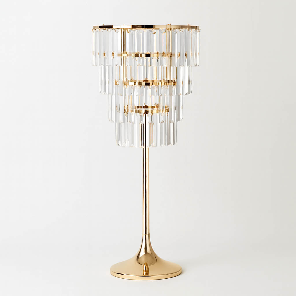 4-Tier Gold Crystal Pendant Table Centerpiece Chandelier 38" – Round Metal Vase Pedestal with Hanging Crystals - By TCF Linens