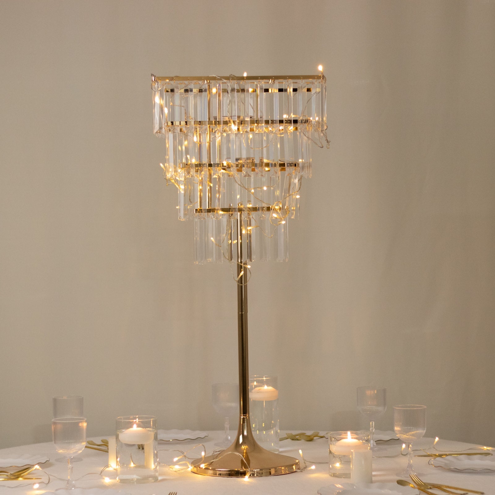 4-Tier Gold Crystal Pendant Chandelier Table Centerpiece 38" – Metal Flower Stand with Square Frame and Hanging Crystals - By TCF Linens