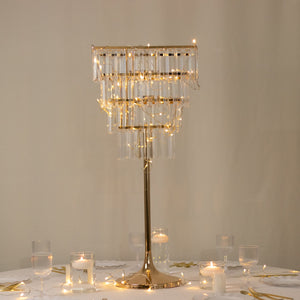 4-Tier Gold Crystal Pendant Chandelier Table Centerpiece 38" – Metal Flower Stand with Square Frame and Hanging Crystals - By TCF Linen