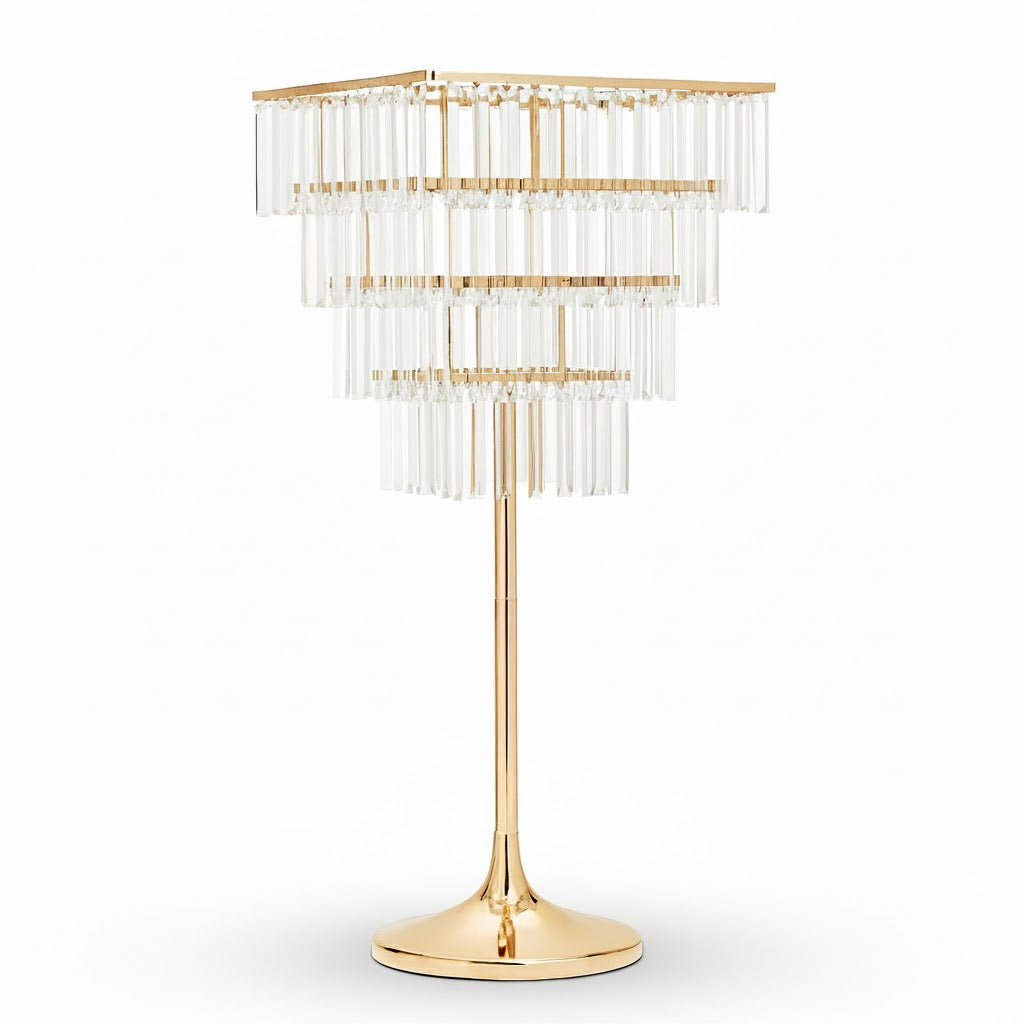 4-Tier Gold Crystal Pendant Chandelier Table Centerpiece 38" – Metal Flower Stand with Square Frame and Hanging Crystals - By TCF Linens