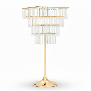 4-Tier Gold Crystal Pendant Chandelier Table Centerpiece 38" – Metal Flower Stand with Square Frame and Hanging Crystals - By TCF Linen