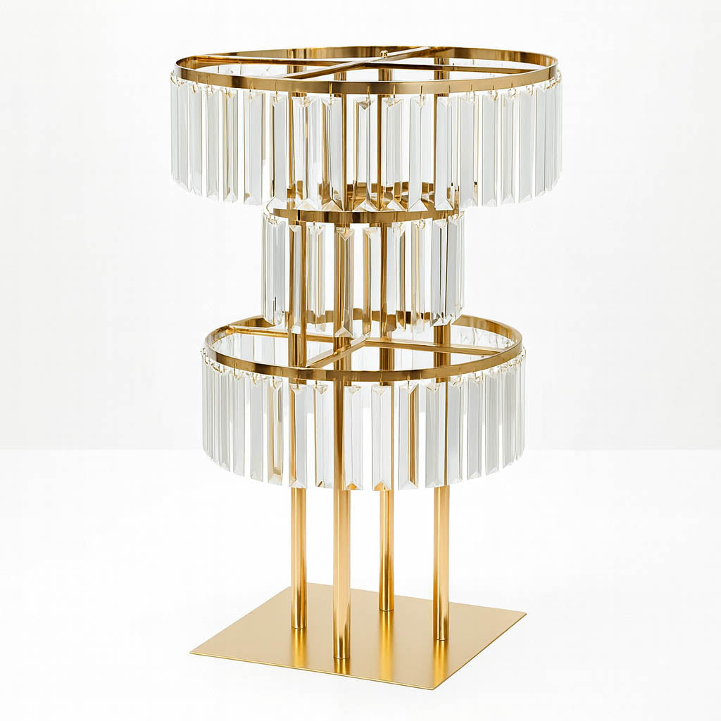 3-Tier Gold Crystal Pendant Table Centerpiece Chandelier 27" – Round Metal Vase Pedestal with Hanging Crystals - By TCF Linens