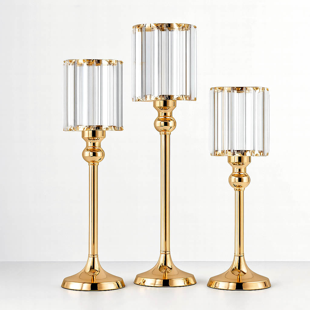 Gold Crystal Pendant Hurricane Candle Holders – Set of 3 Elegant Cylindrical Table Centerpieces for Pillar Candles, 11", 13", 15" - By TCF Linens