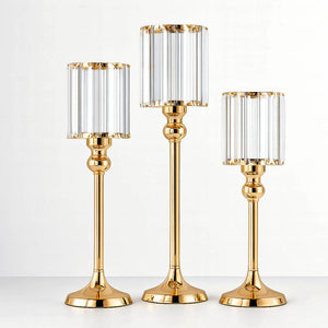 Gold Crystal Pendant Hurricane Candle Holders – Set of 3 Elegant Cylindrical Table Centerpieces for Pillar Candles, 11", 13", 15" - By TCF Linen