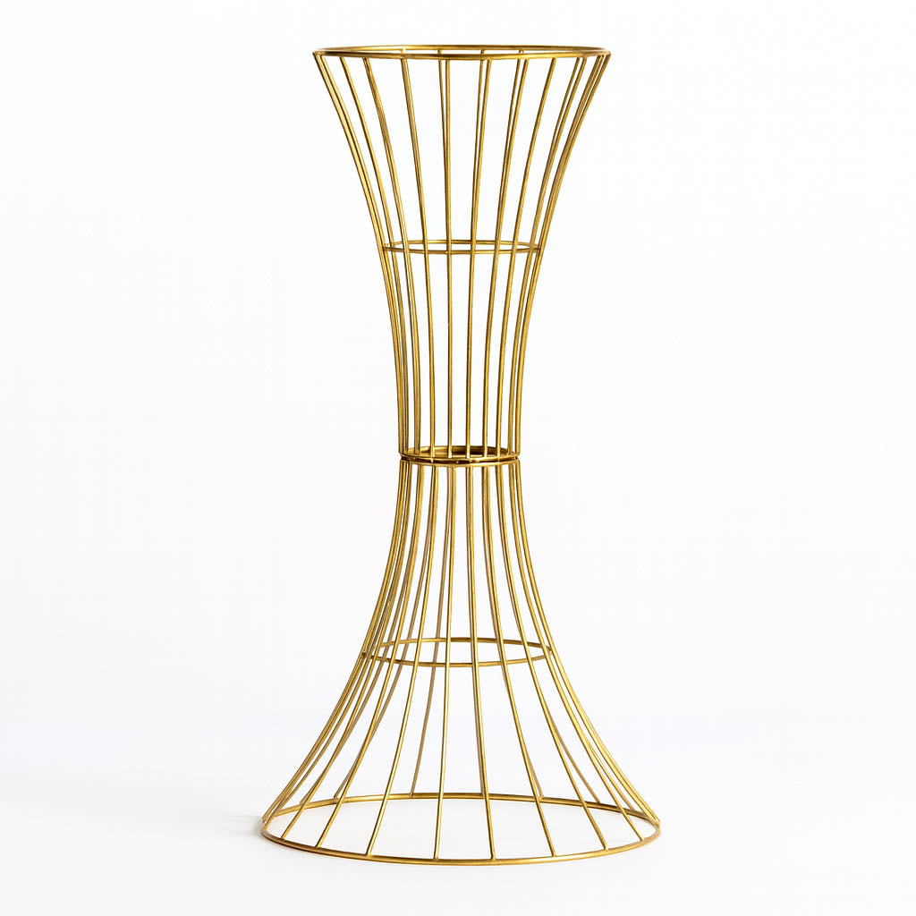48" Tall Gold Metal Wire Trumpet Flower Centerpiece Stand – Reversible Hourglass Pedestal Prop - By TCF Linens