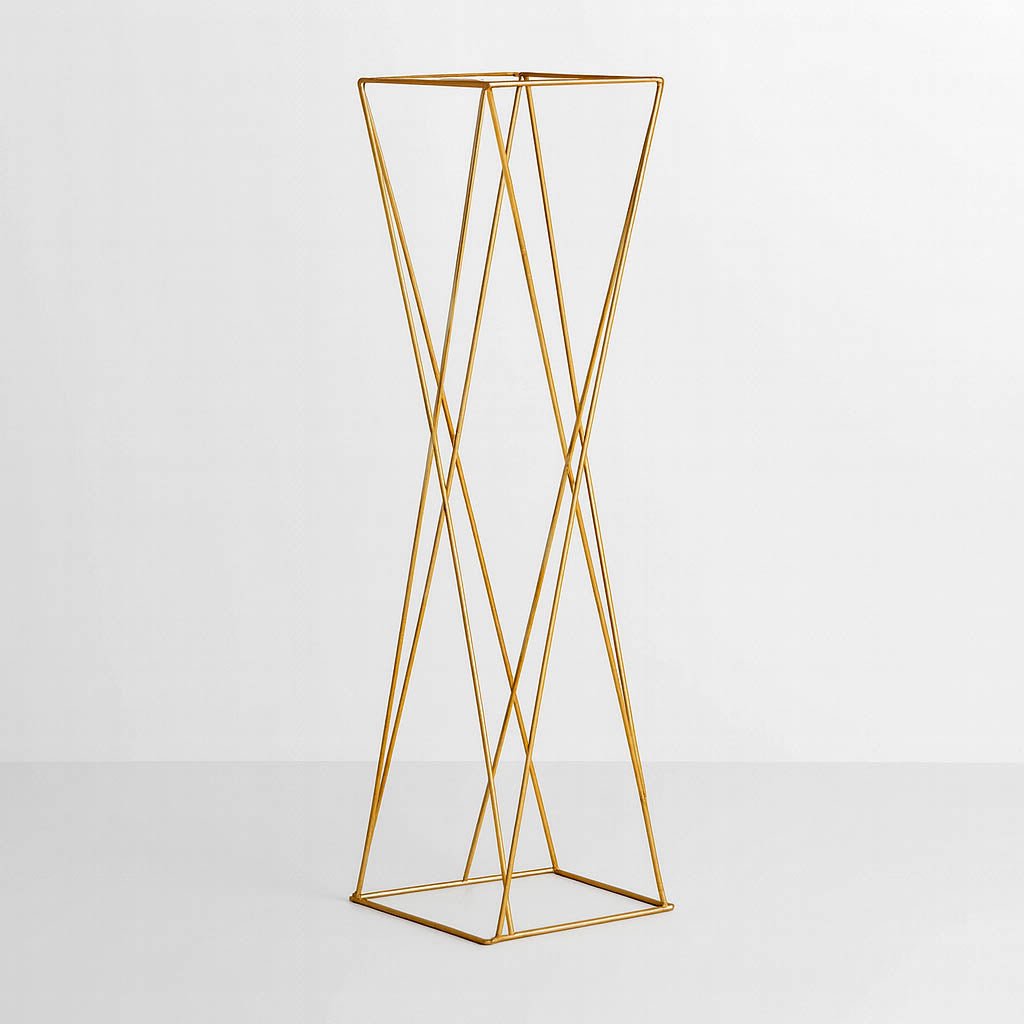Set of 2 Gold Metal Pedestal Stands – 32" Open Column Wedding Centerpieces with Geometric Crisscross Design - By TCF Linen