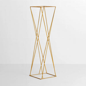 Set of 2 Gold Metal Pedestal Stands – 32" Open Column Wedding Centerpieces with Geometric Crisscross Design - By TCF Linen