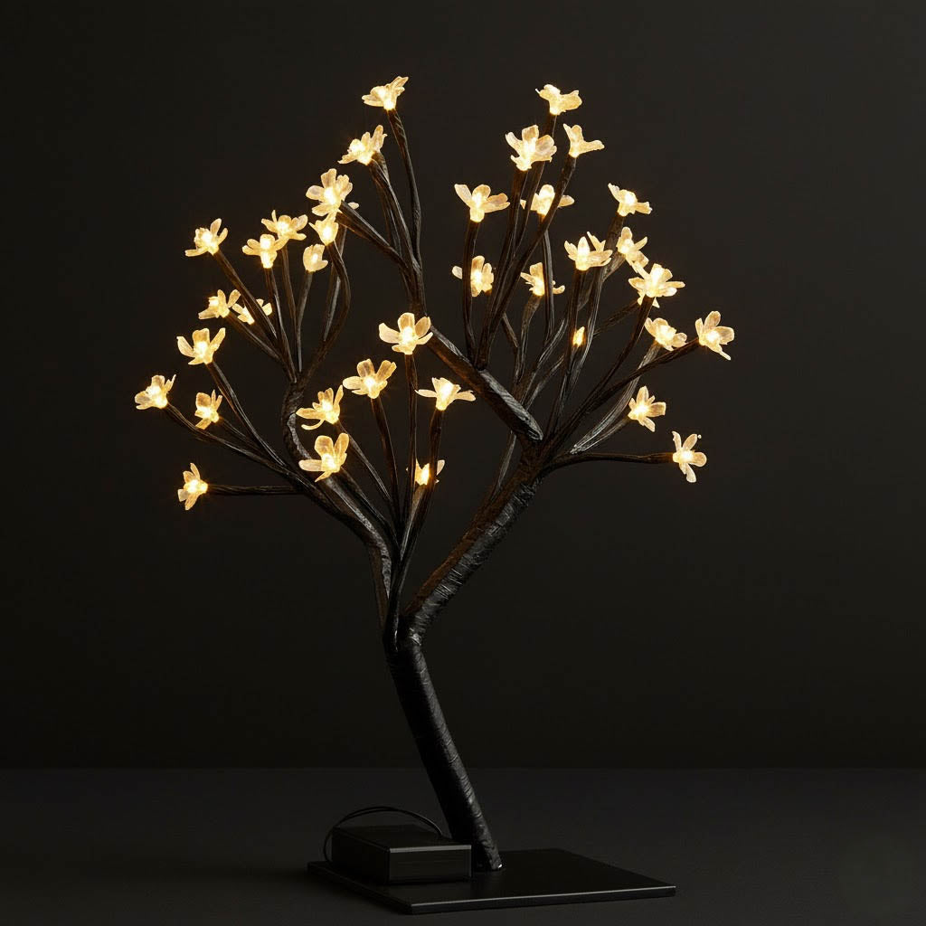 Set of 2 Black Artificial Tree Centerpieces – Cherry Blossom Design with 36 Warm White LED Battery Lights - By TCF Linen