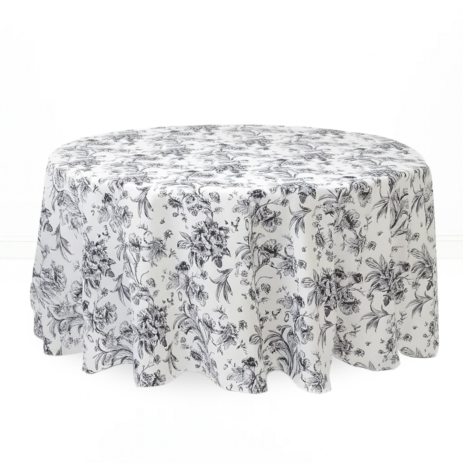 Polyester Round Tablecloth 120" White with French Toile Pattern - By TCF Linens