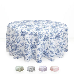 Polyester Round Tablecloth 120" White with French Toile Pattern - By TCF Linens