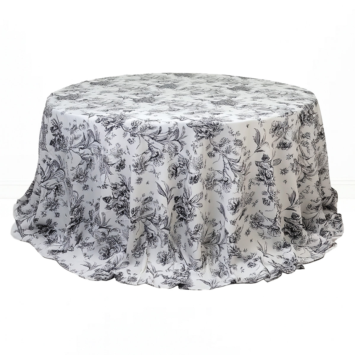 Polyester Round Tablecloth 132" White with French Toile Pattern - By TCF Linens