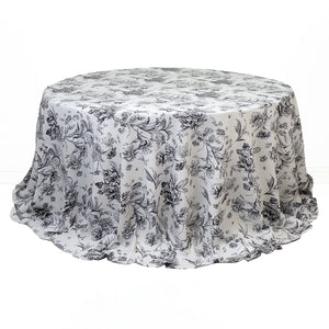 Polyester Round Tablecloth 132" White with French Toile Pattern - By TCF Linens