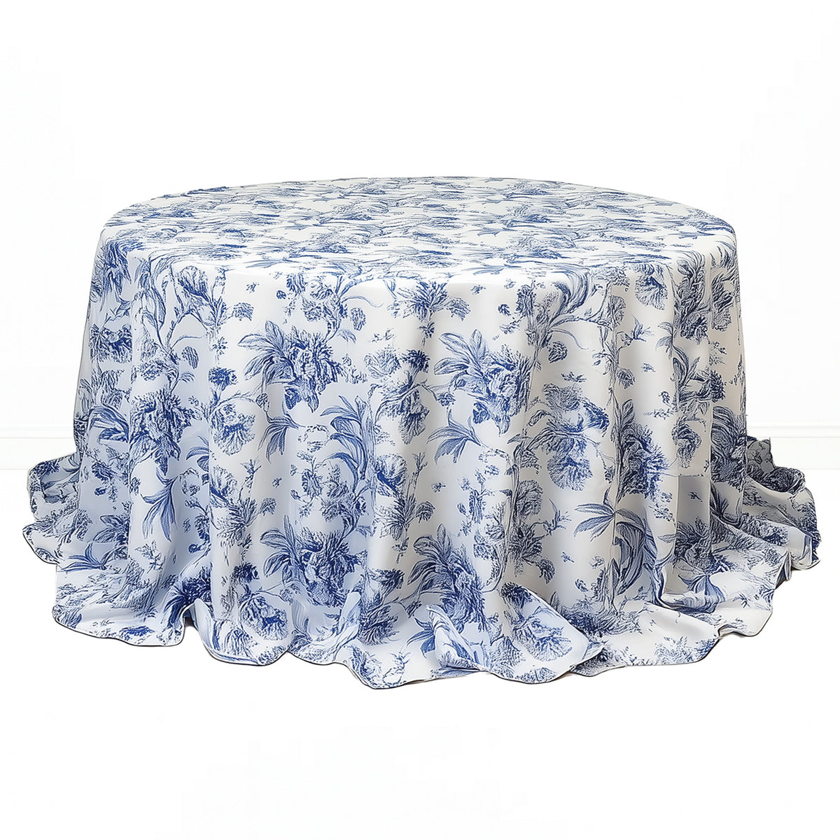 Polyester Round Tablecloth 132" White with French Toile Pattern - By TCF Linens
