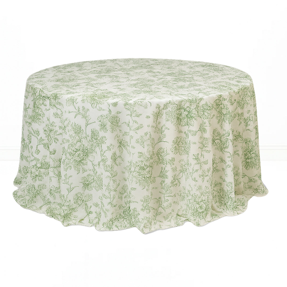 Polyester Round Tablecloth 132" White with French Toile Pattern - By TCF Linens