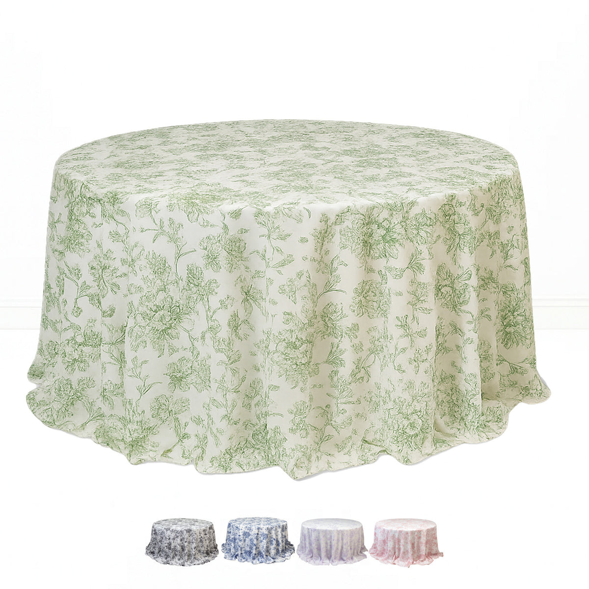 Polyester Round Tablecloth 132" White with French Toile Pattern - By TCF Linens