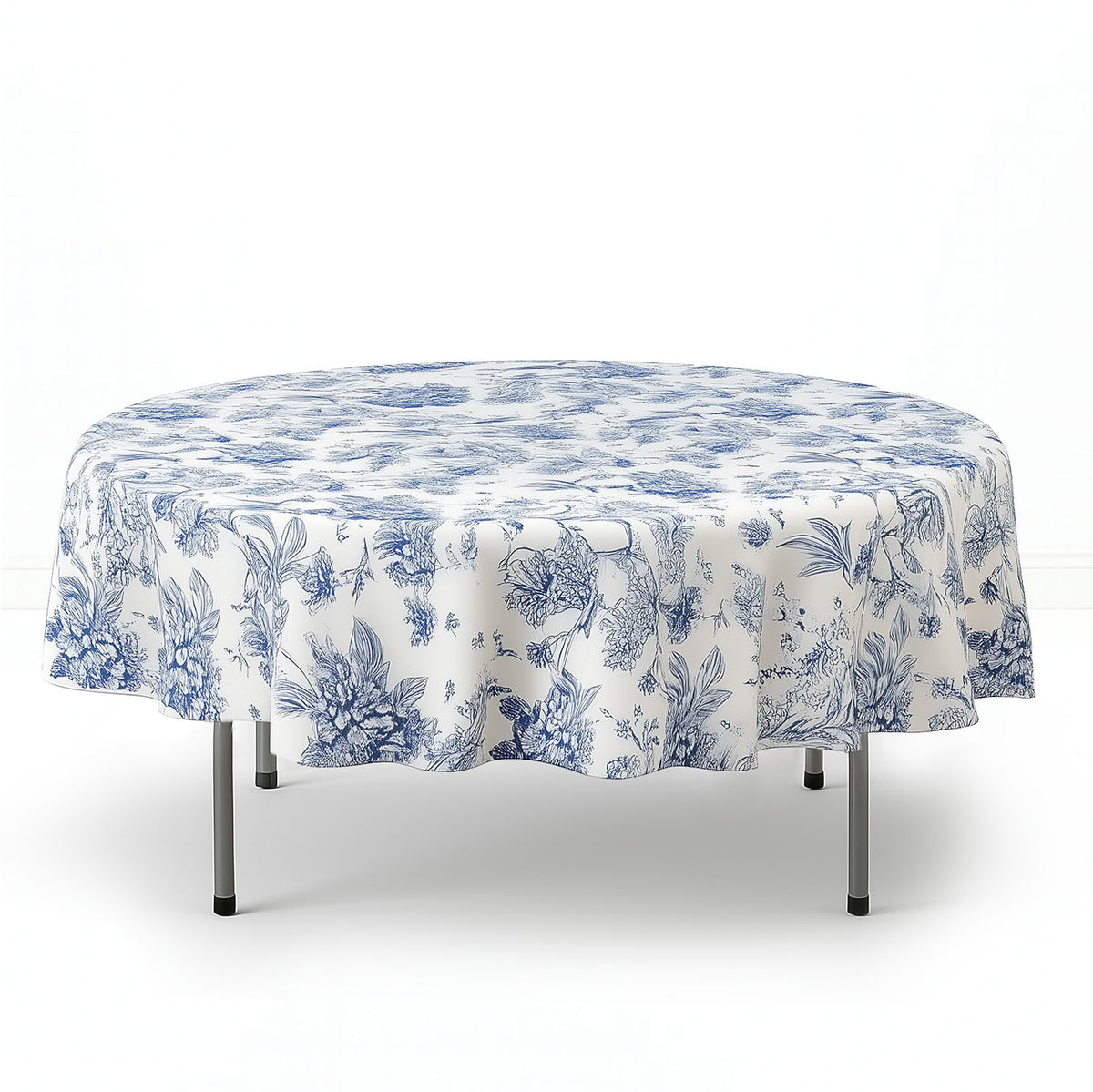 Polyester Round Tablecloth 90" White with French Toile Pattern - By TCF Linens