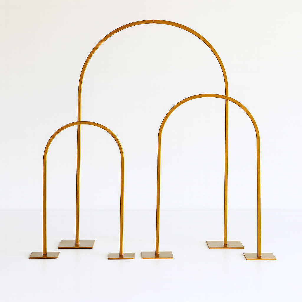 3-Piece Set Gold Metal Chiara Arch Centerpieces – Wedding Cake Flower Stand Frames 20", 23", 35" with Detachable Base - By TCF Linen