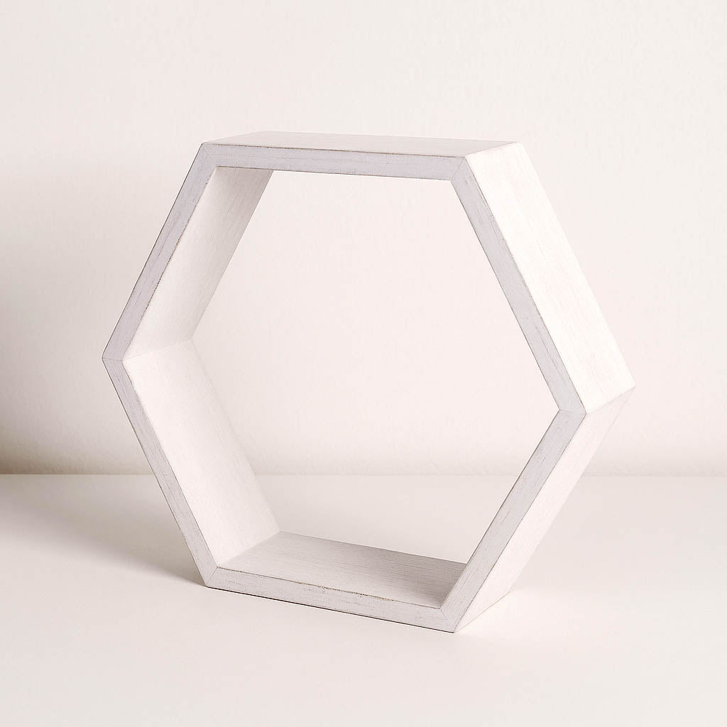Whitewashed Wood Hexagon Display 9" – Set of 2 Geometric Terrarium Honeycomb Centerpieces - By TCF Linens