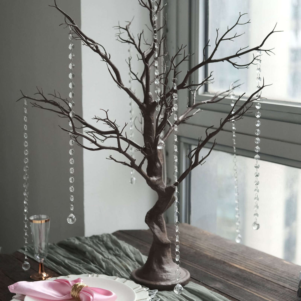 34" Artificial Natural Manzanita Tree Centerpiece – Easy Assembly with 8 Acrylic Bead Chains - By TCF Linen