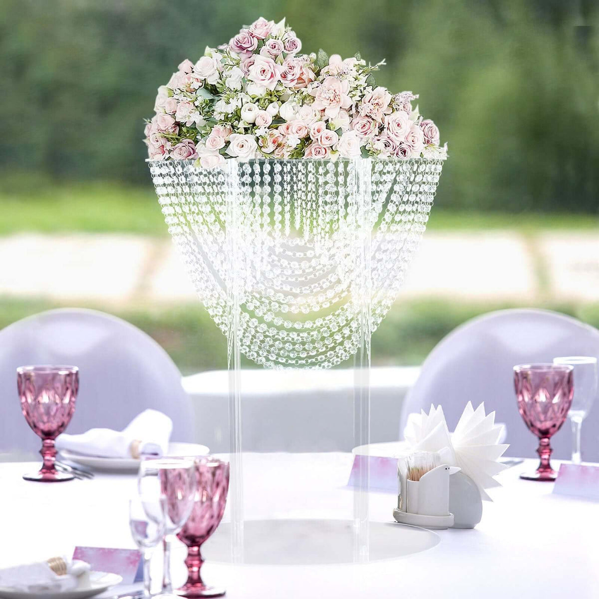 32" Acrylic Wedding Bouquet Pillar Centerpiece – Crystal Chandelier Design Flower Arrangement Stand - By TCF Linen