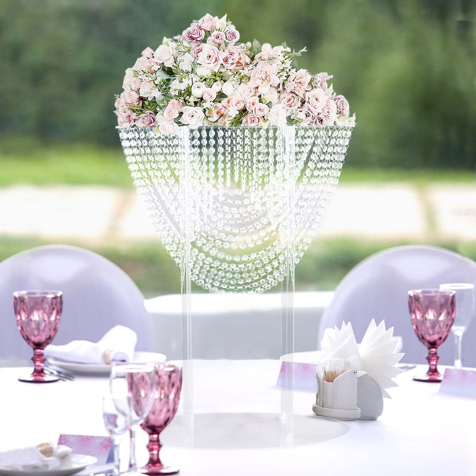 32" Acrylic Wedding Bouquet Pillar Centerpiece – Crystal Chandelier Design Flower Arrangement Stand - By TCF Linens