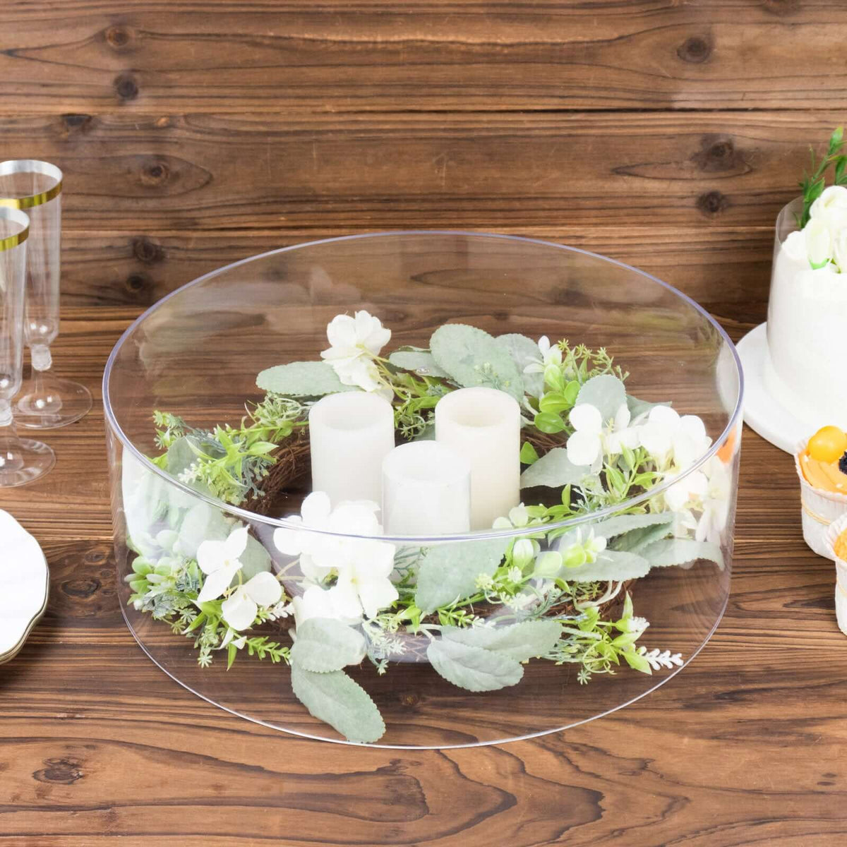 Round 14" Acrylic Cake Stand – Clear Transparent Display Box Fillable Pedestal Riser - By TCF Linen