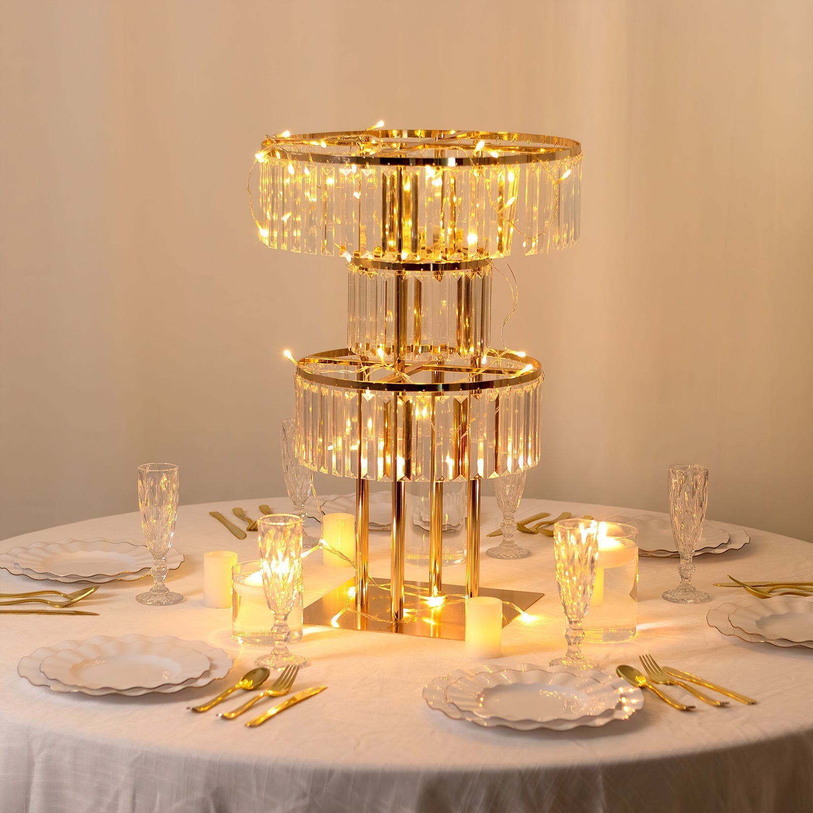 3-Tier Gold Crystal Pendant Table Centerpiece Chandelier 27" – Round Metal Vase Pedestal with Hanging Crystals - By TCF Linens