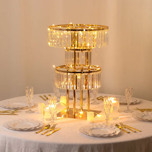 3-Tier Gold Crystal Pendant Table Centerpiece Chandelier 27" – Round Metal Vase Pedestal with Hanging Crystals - By TCF Linen