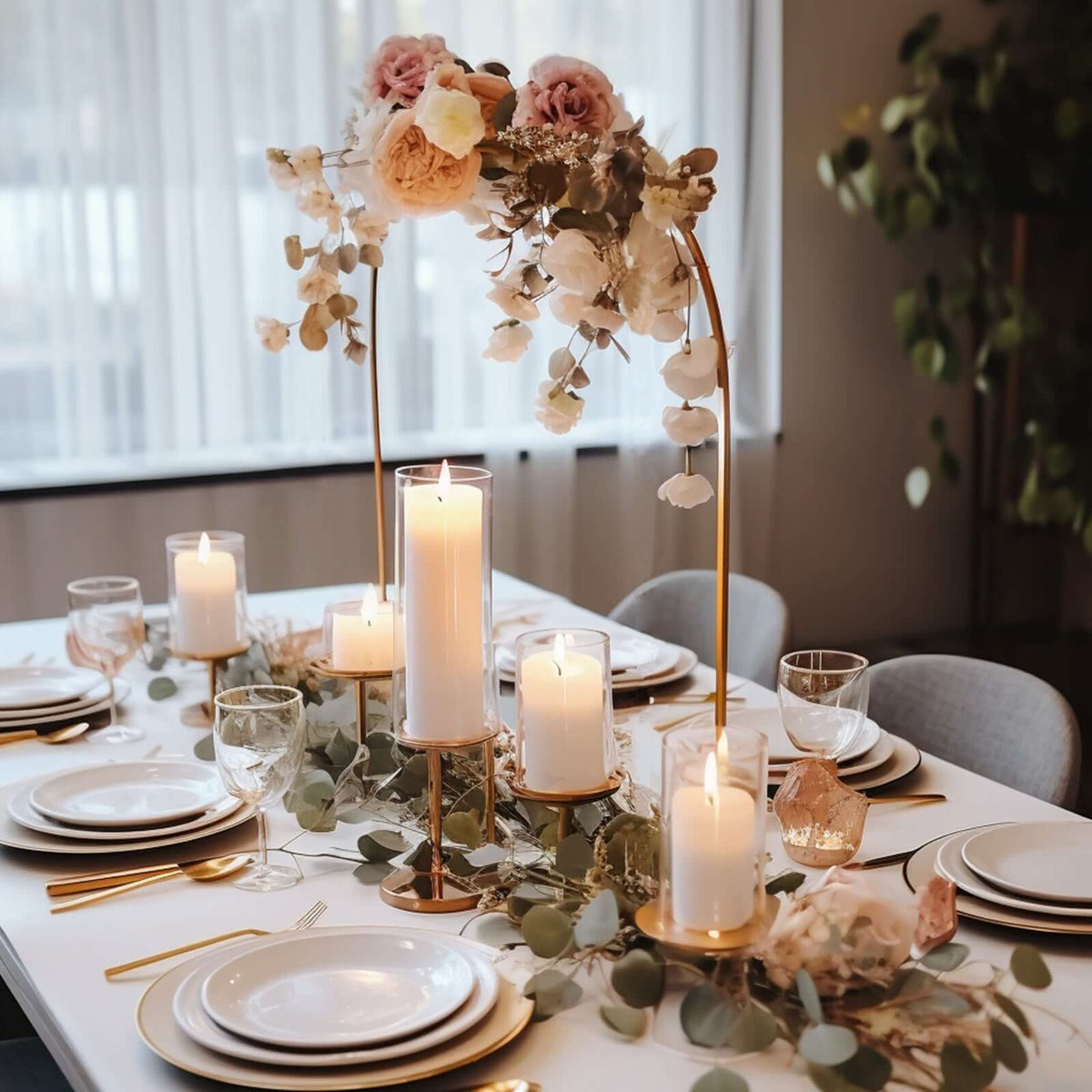 35" Gold Metal Wedding Cake Chiara Arch Centerpiece – Rounded Top Flower Stand Frame with Detachable Base - By TCF Linen