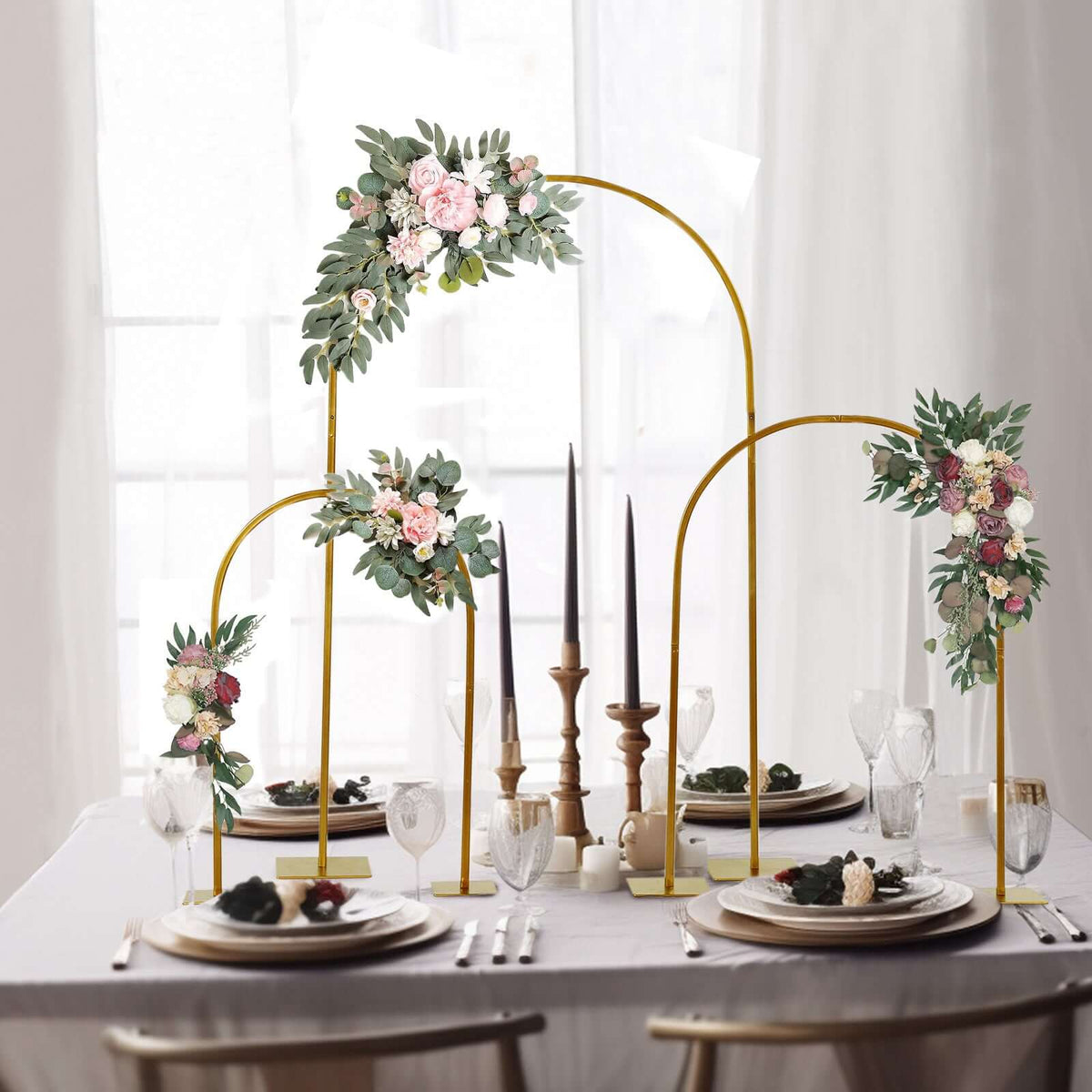 3-Piece Set Gold Metal Chiara Arch Centerpieces – Wedding Cake Flower Stand Frames 20", 23", 35" with Detachable Base - By TCF Linen