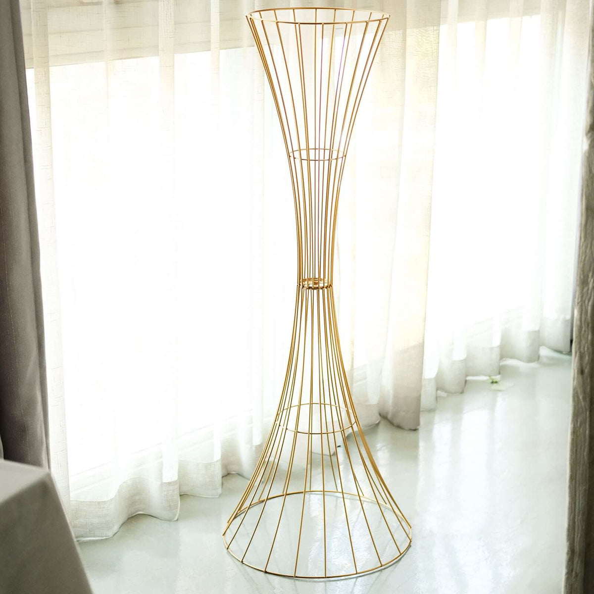 48" Tall Gold Metal Wire Trumpet Flower Centerpiece Stand – Reversible Hourglass Pedestal Prop - By TCF Linen