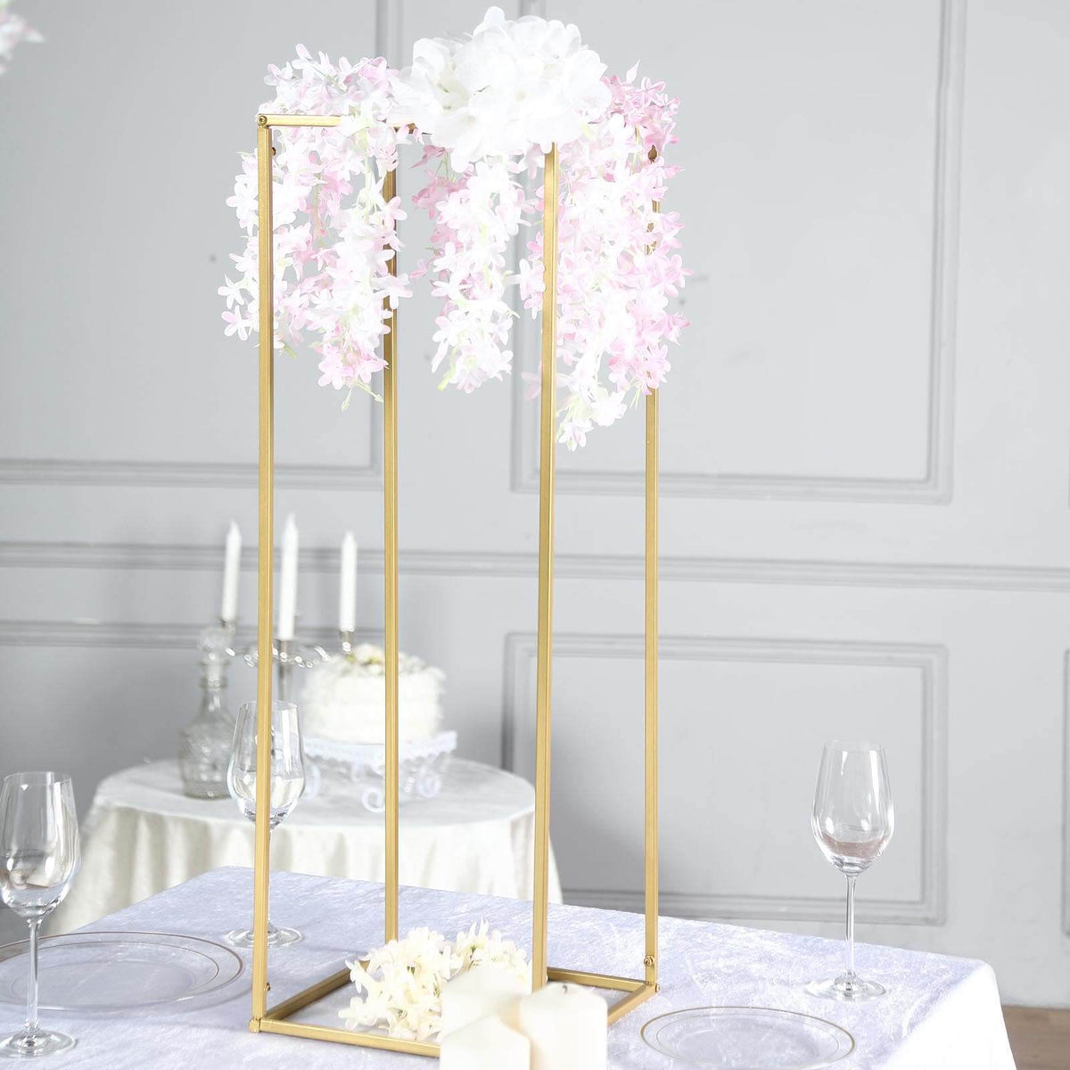 32" Gold Rectangular Metal Flower Stands – 2-Pack Geometric Column Frames for Stylish Flower Displays - By TCF Linen